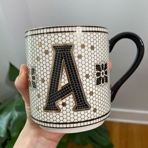 Anthropologie Black and Gold Monogrammed Mug -Honey Comb Design